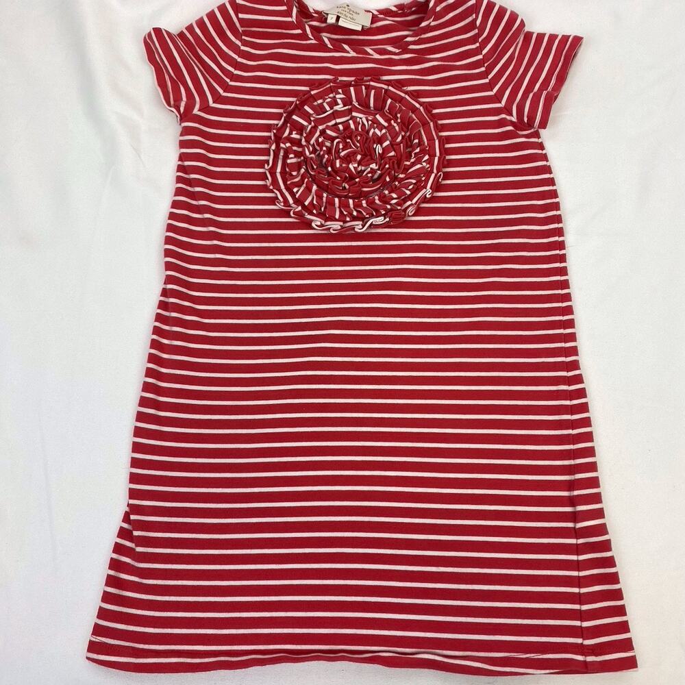 KATE SPADE Red White Stripe Cotton T-shirt Dress Rosette Appliqué Girls Size 7